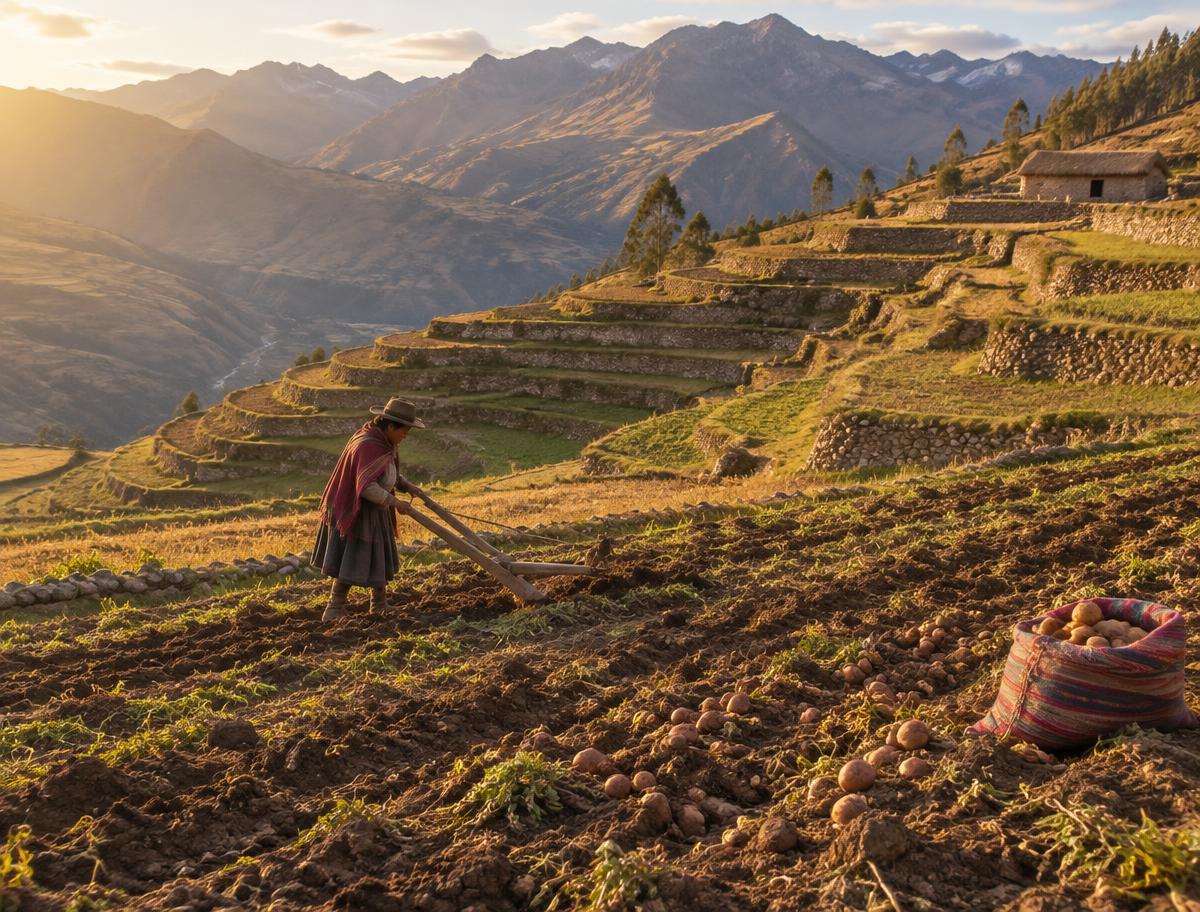 A farmer harvesting potatoes on Andean terraces